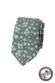 Olívazöld keskeny nyakkendő virágmintával
