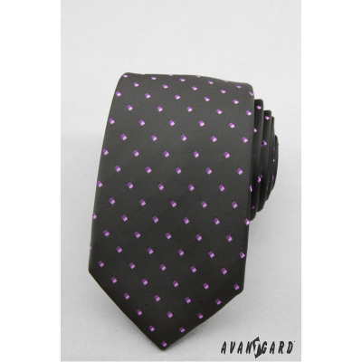 Fekete keskeny nyakkendő lila négyzetekkel