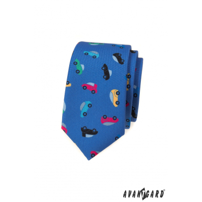 Kék keskeny nyakkendő színes játékautókkal