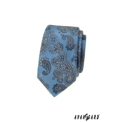 Keskeny kék nyakkendő paisley motívummal