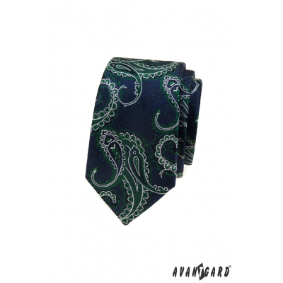 Kék keskeny nyakkendő, zöld paisley mintás