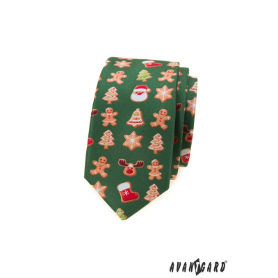 Zöld keskeny nyakkendő karácsonyi motívummal