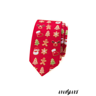 Piros keskeny nyakkendő karácsonyi motívummal