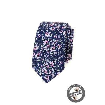 Sötét kék keskeny nyakkendő rózsaszín virágokkal