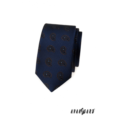 Kék keskeny nyakkendő kis paisley mintával