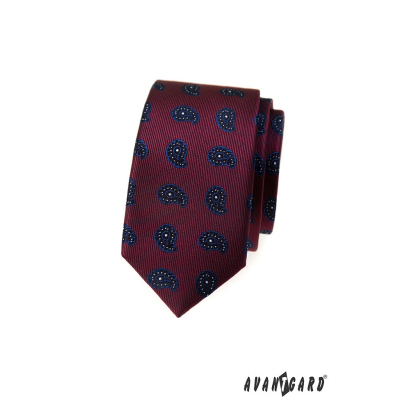 Bordó keskeny nyakkendő kis paisley mintával