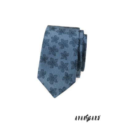 Kék karcsú nyakkendő, sötét virágmintával