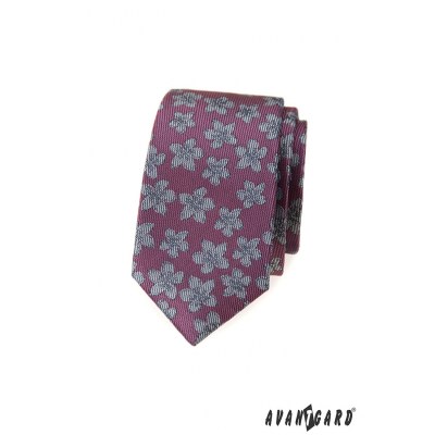 Sötét rózsaszín keskeny nyakkendő szürke virágokkal