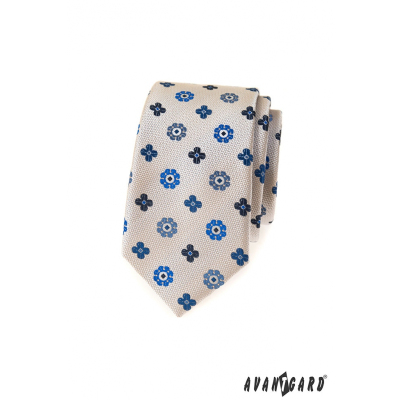 Bézs keskeny nyakkendő, kék mintával
