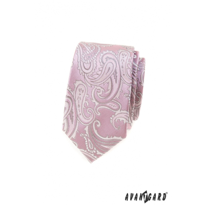 Rózsaszín keskeny nyakkendő paisley motívummal