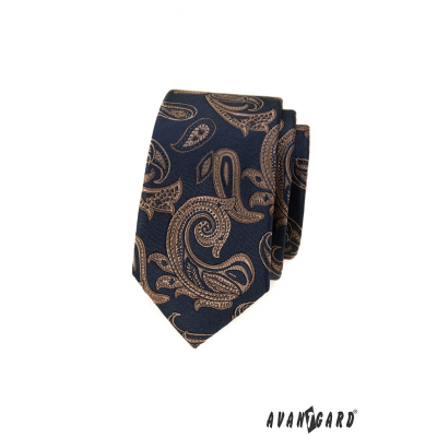 Kék keskeny nyakkendő barna paisley motívummal