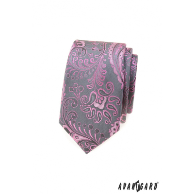 Szürke keskeny nyakkendő rózsaszín paisley mintával