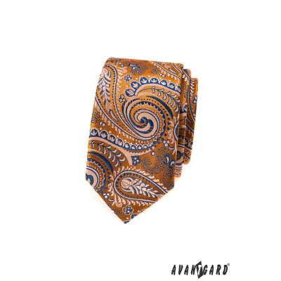 Narancssárga keskeny nyakkendő, kék paisley mintával