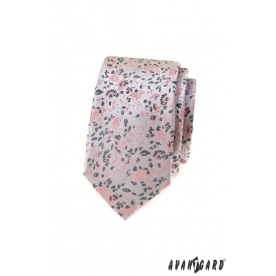 Luxus szürke keskeny nyakkendő rózsaszín mintával