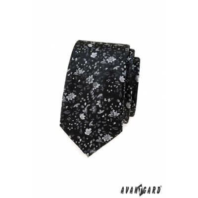 Fekete keskeny nyakkendő virágmintával