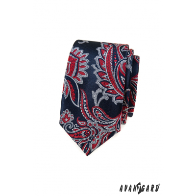 Kék slim nyakkendő piros paisley mintával