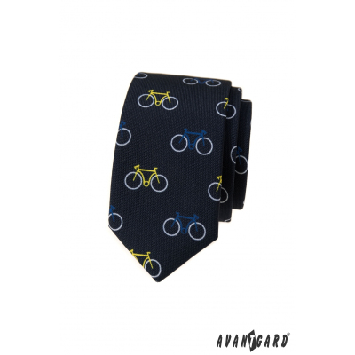 Kék keskeny nyakkendő, színes kerékpáros minta
