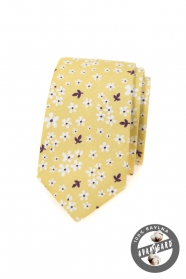 Sárga pamut keskeny nyakkendő fehér virágokkal