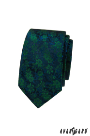 Keskeny nyakkendő kék-zöld virágmintával