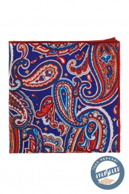 Szép hagyományos mintás kék/piros selyem díszzsebkendő