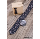 Kék keskeny nyakkendő rózsaszín virágokkal - szélesség 5 cm