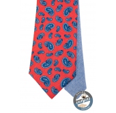 Piros selyem nyakkendő kék színű motívumokkal - szélesség 7 cm